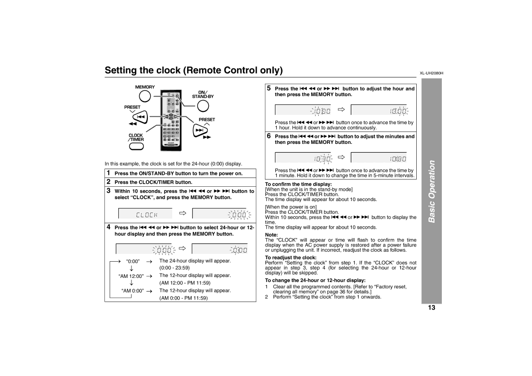 Sharp XL-UH2080H operation manual Setting the clock Remote Control only, To confirm the time display, To readjust the clock 