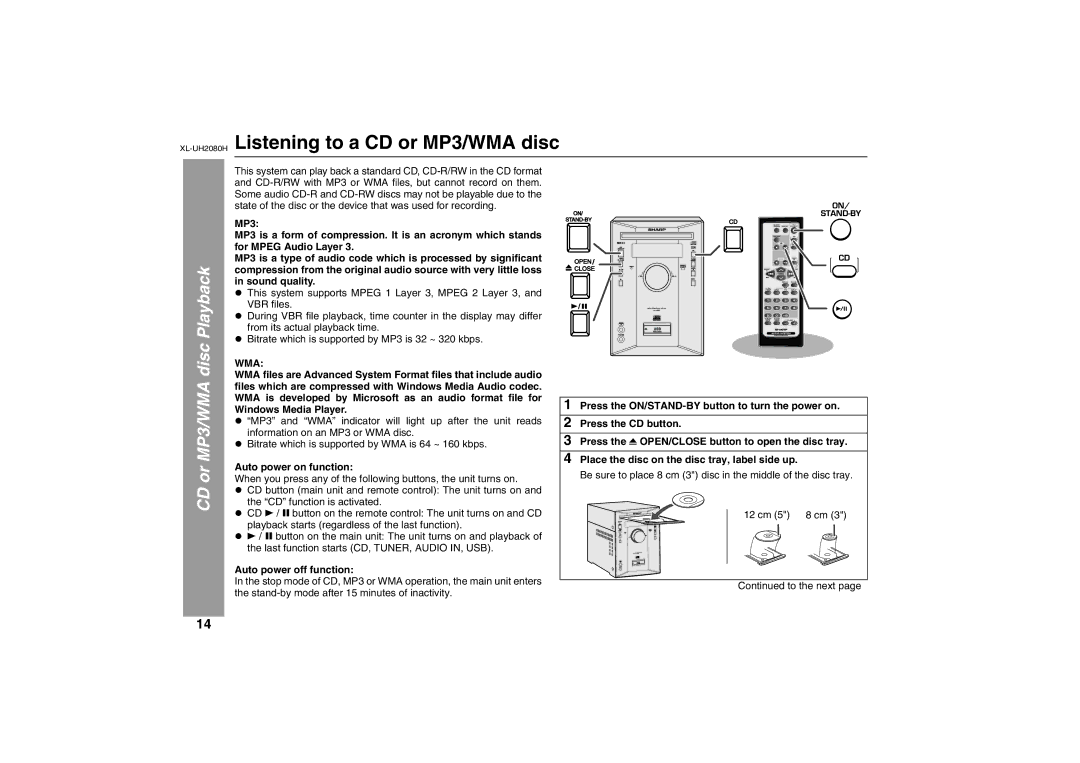 Sharp operation manual XL-UH2080HListening to a CD or MP3/WMA disc, CD or MP3/WMA disc Playback, Auto power on function 