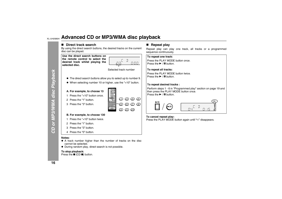 Sharp operation manual XL-UH2080HAdvanced CD or MP3/WMA disc playback, „ Direct track search, „ Repeat play 