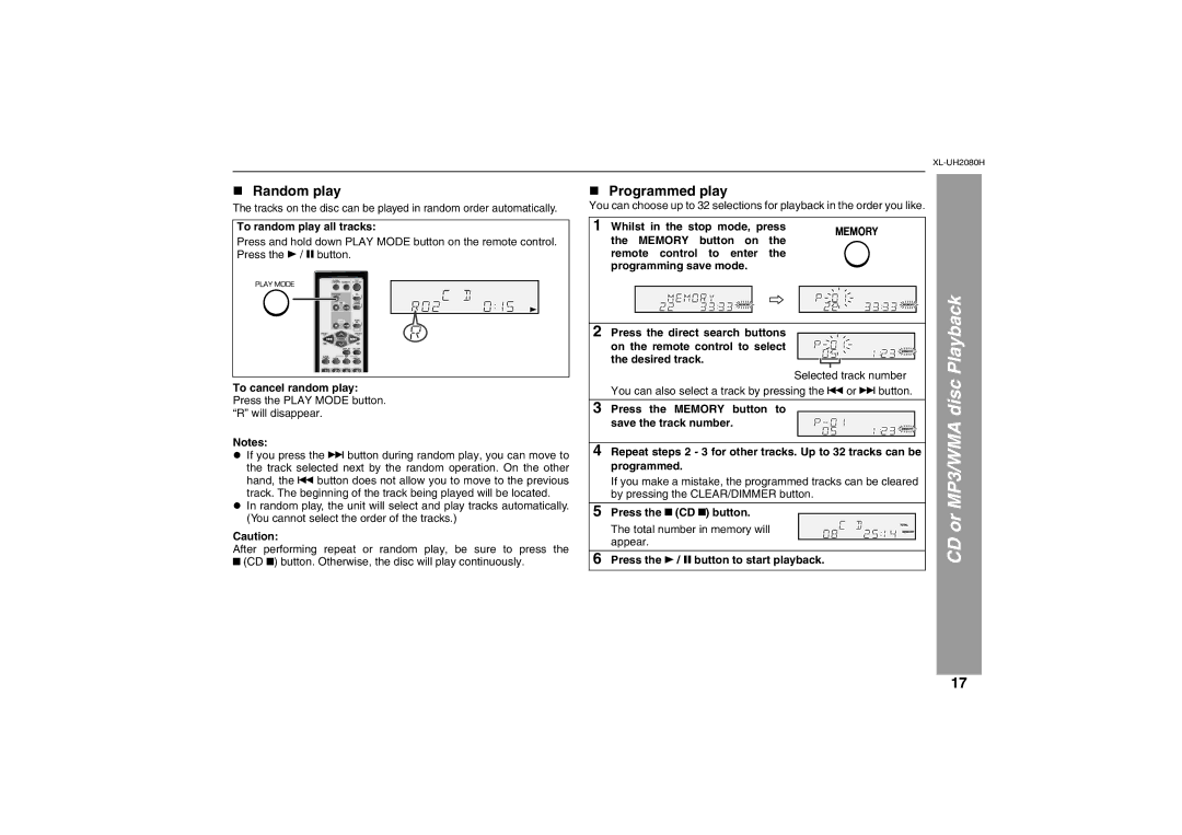 Sharp XL-UH2080H „ Random play, „ Programmed play, To random play all tracks, Button Total number in memory will Appear 
