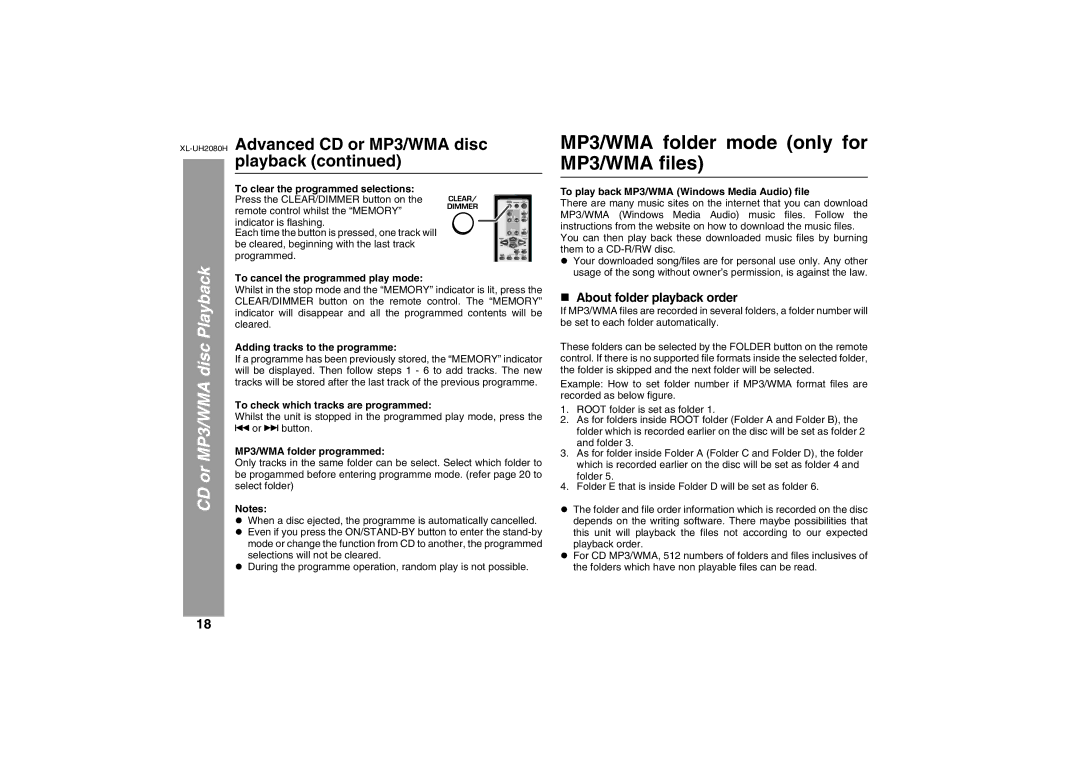 Sharp XL-UH2080H operation manual MP3/WMA folder mode only for MP3/WMA files, „ About folder playback order 