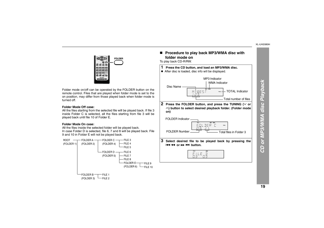 Sharp XL-UH2080H operation manual MP3/WMA disc Playback, CD or, „ Procedure to play back MP3/WMA disc with Folder mode on 