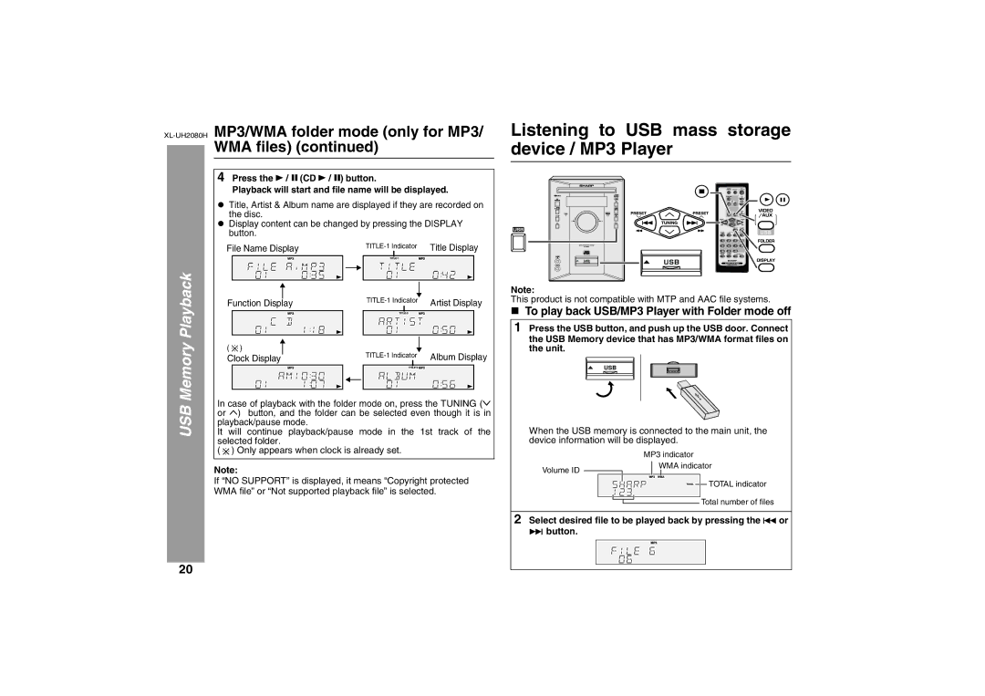 Sharp XL-UH2080H operation manual Listening to USB mass storage device / MP3 Player, USB Memory Playback 