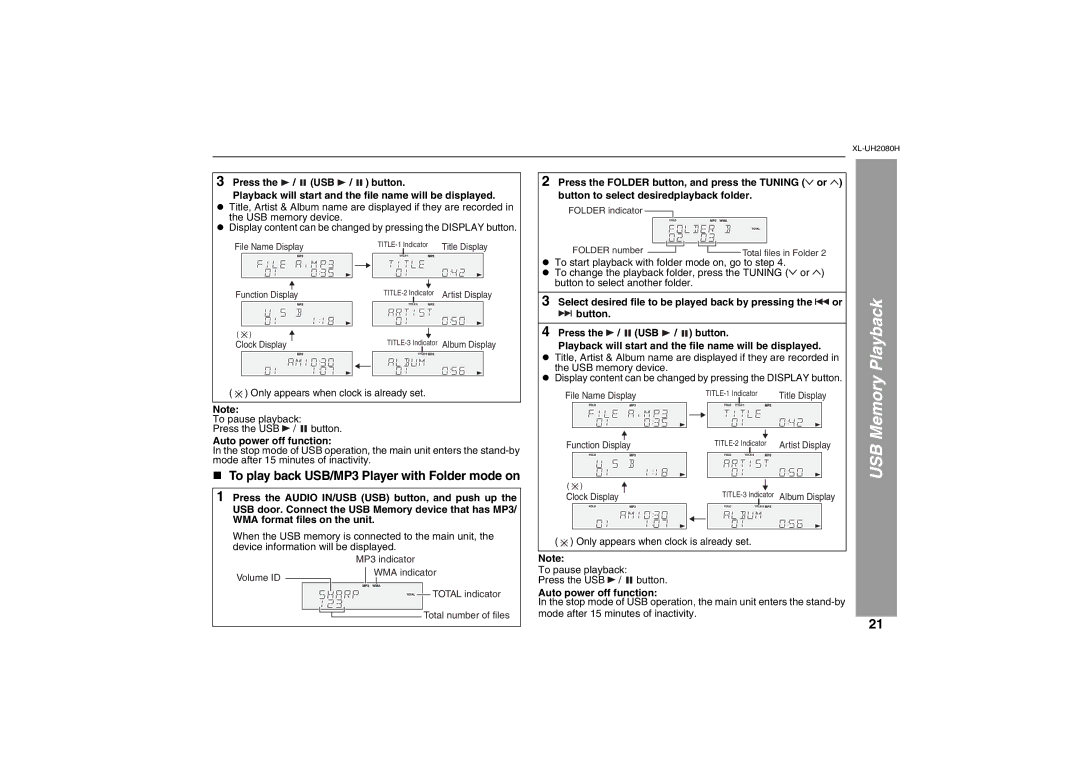 Sharp XL-UH2080H operation manual Playback will start and the file name will be displayed 