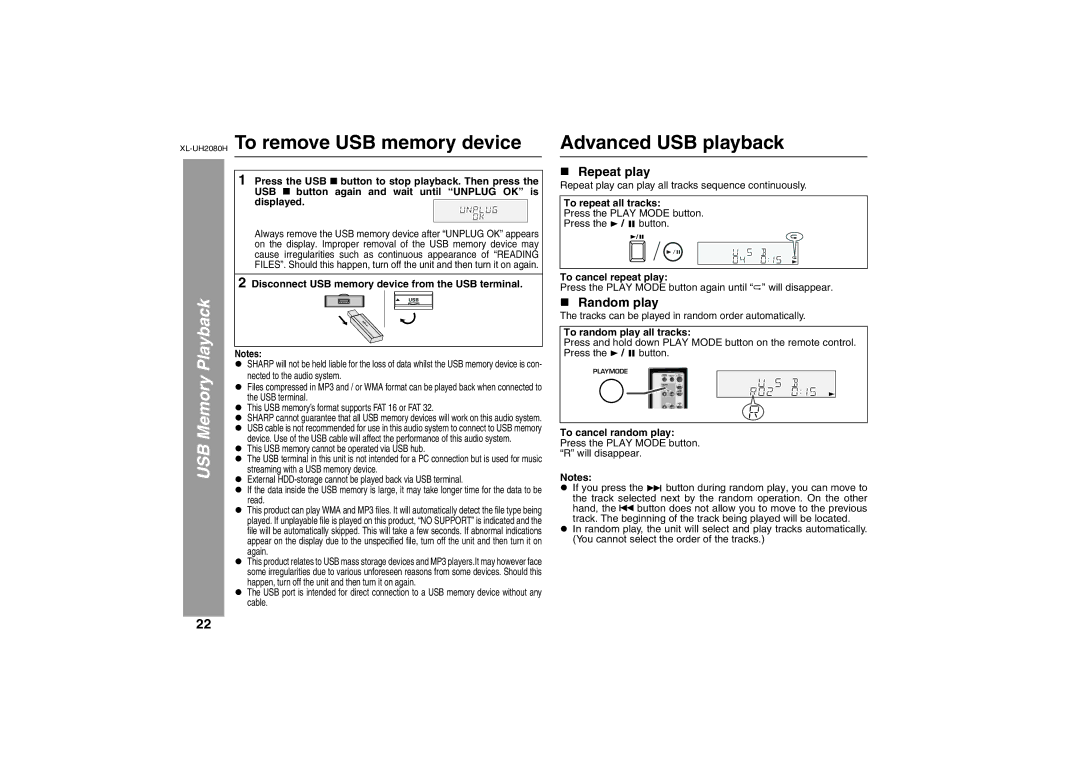 Sharp XL-UH2080H To remove USB memory device, Advanced USB playback, Disconnect USB memory device from the USB terminal 