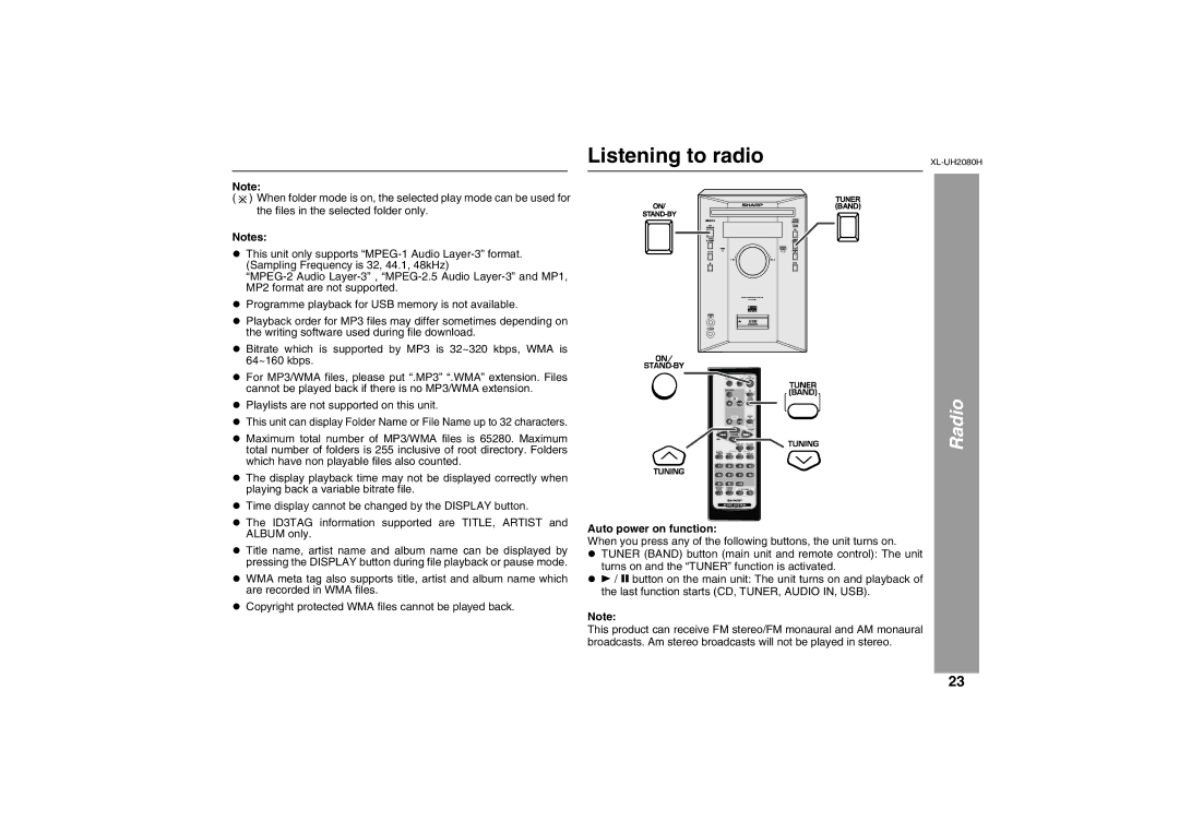 Sharp XL-UH2080H operation manual Listening to radio, Radio 