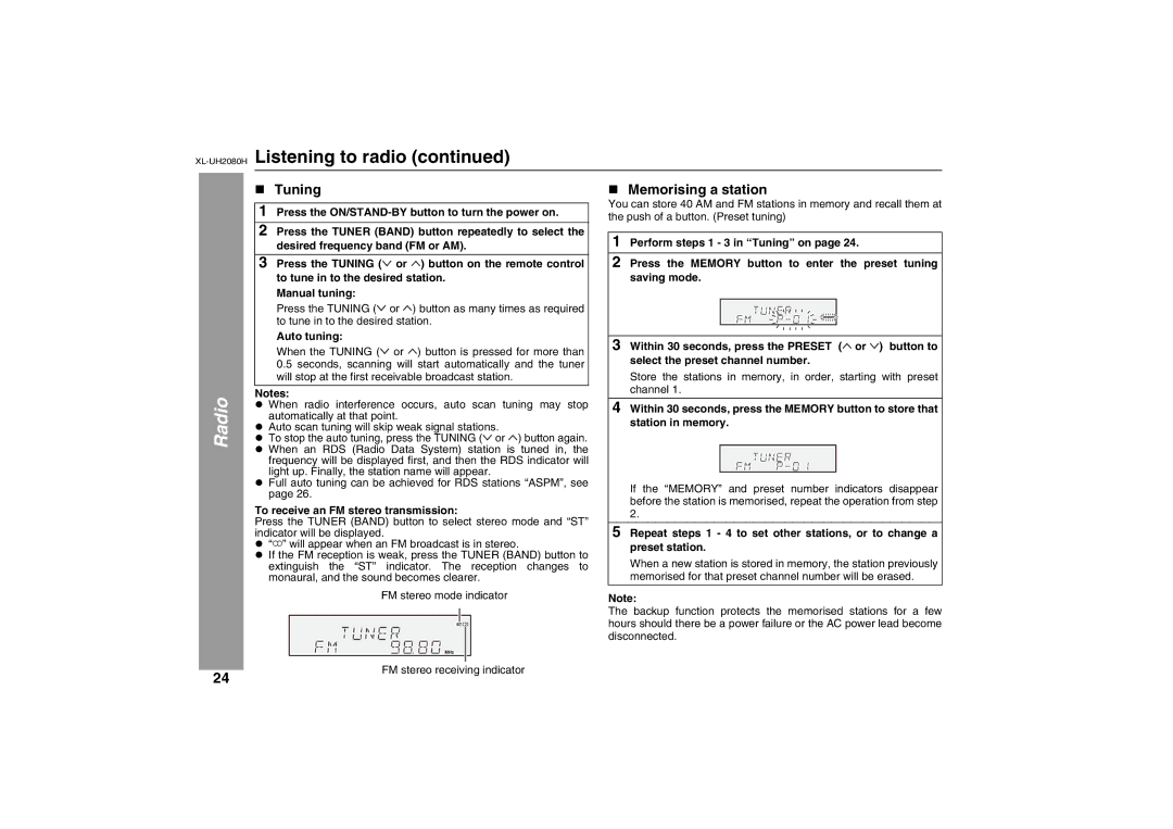 Sharp XL-UH2080H operation manual „ Tuning, „ Memorising a station, Auto tuning, To receive an FM stereo transmission 