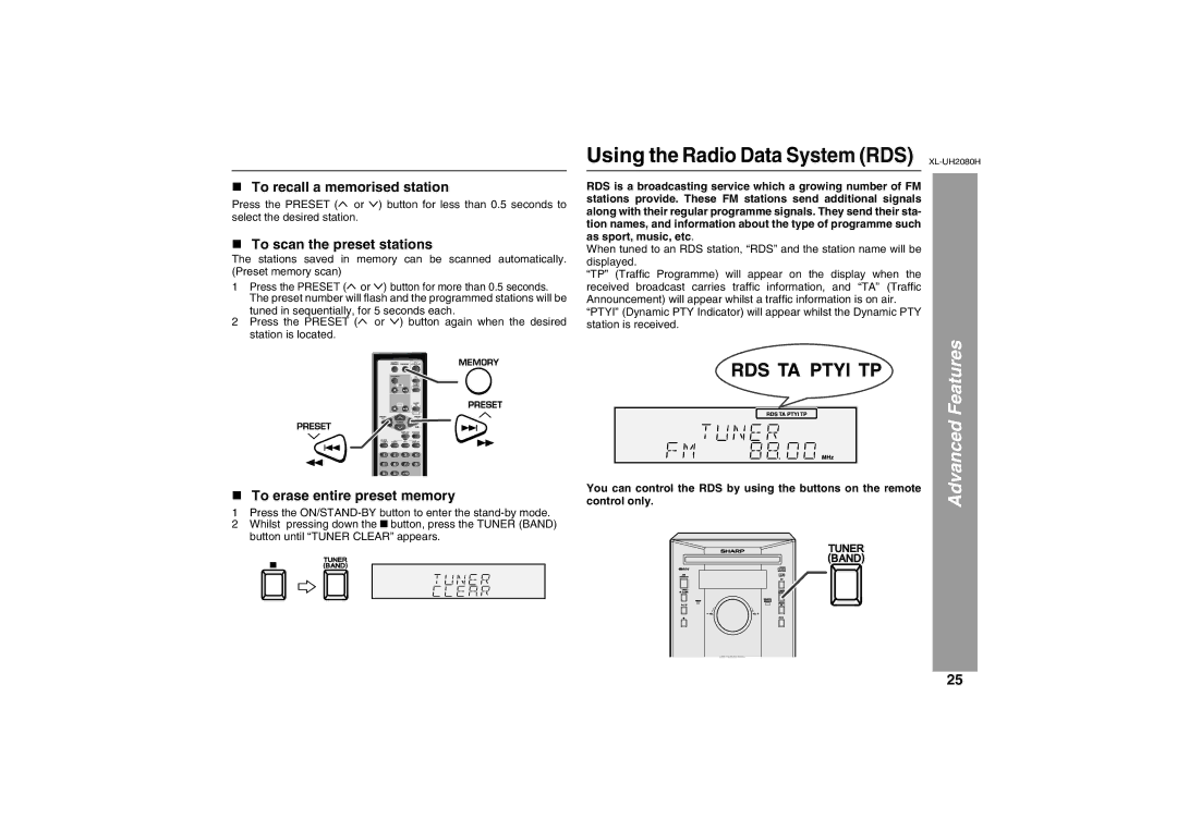 Sharp XL-UH2080H Features, „ To recall a memorised station, „ To scan the preset stations, „ To erase entire preset memory 