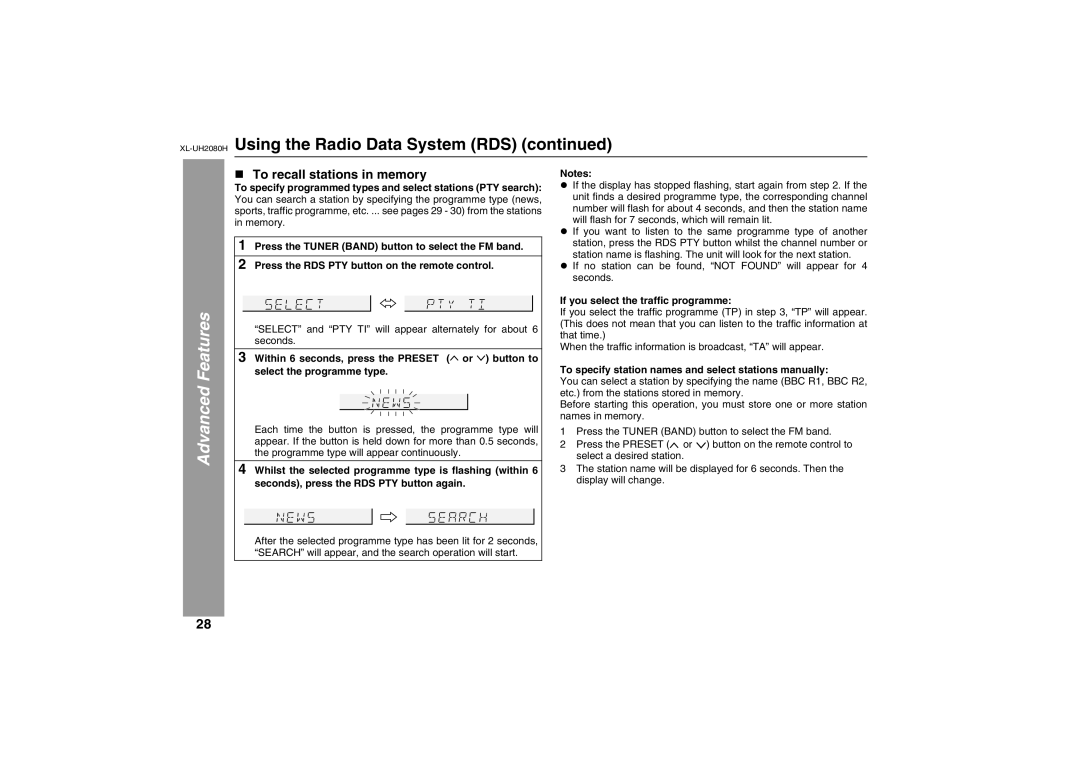 Sharp XL-UH2080H operation manual „ To recall stations in memory, If you select the traffic programme 