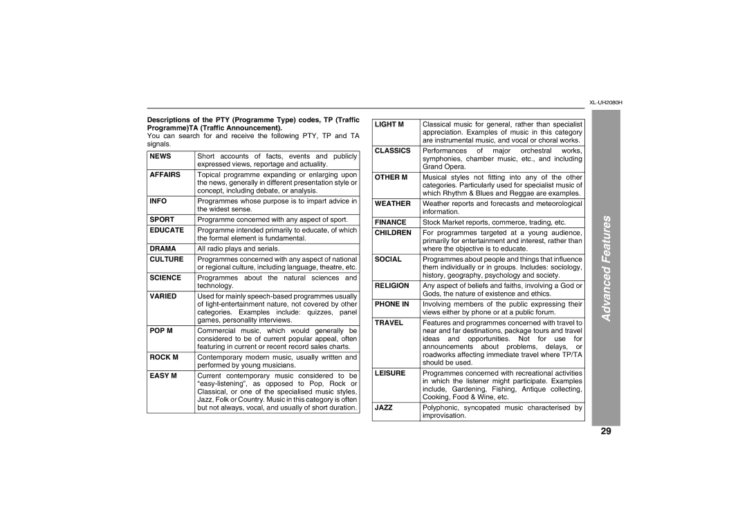 Sharp XL-UH2080H operation manual Features 