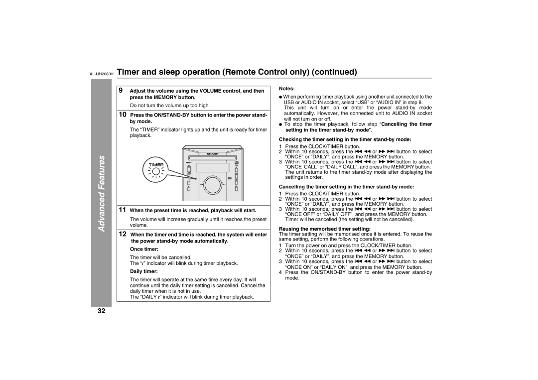 Sharp XL-UH2080H When the preset time is reached, playback will start, Daily timer, Reusing the memorised timer setting 