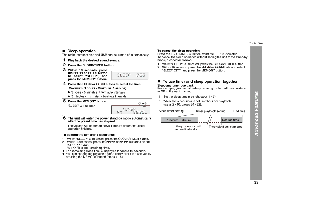 Sharp XL-UH2080H operation manual „ Sleep operation, „ To use timer and sleep operation together, Press the Memory button 