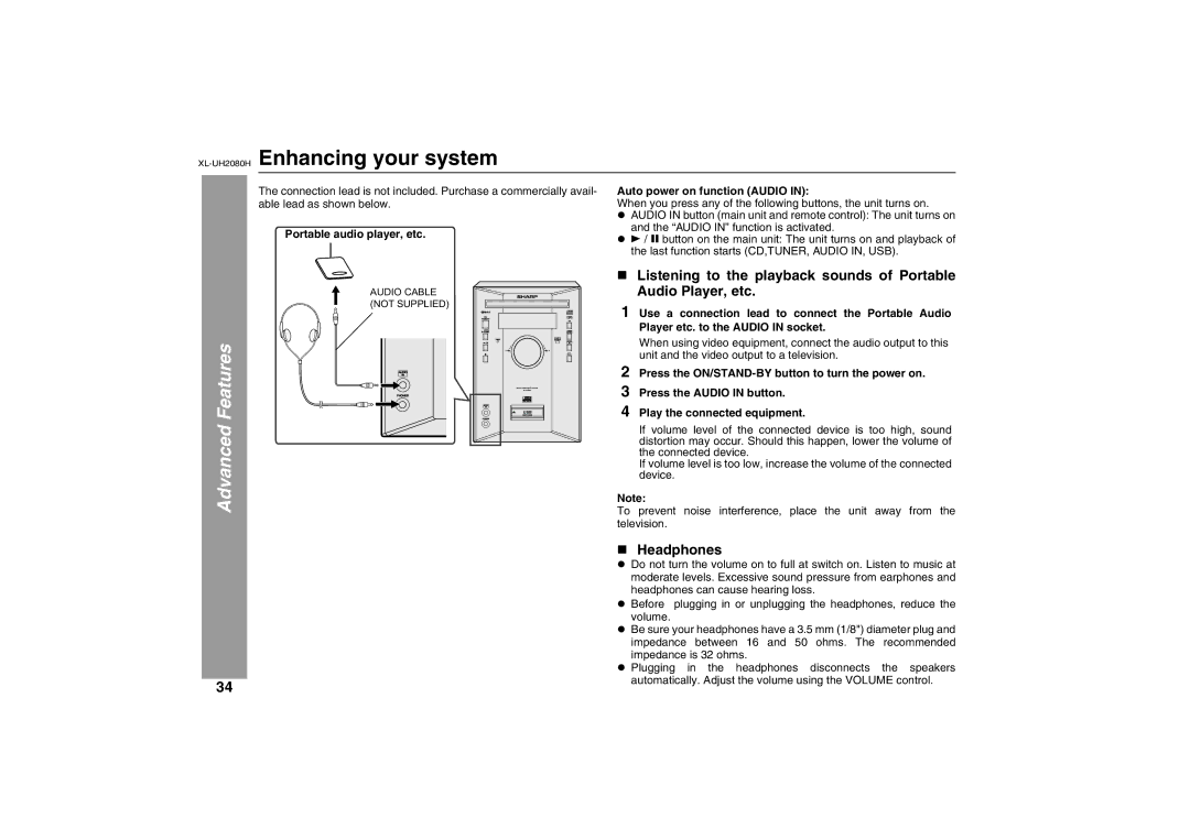 Sharp XL-UH2080HEnhancing your system, „ Headphones, Portable audio player, etc, Auto power on function Audio 