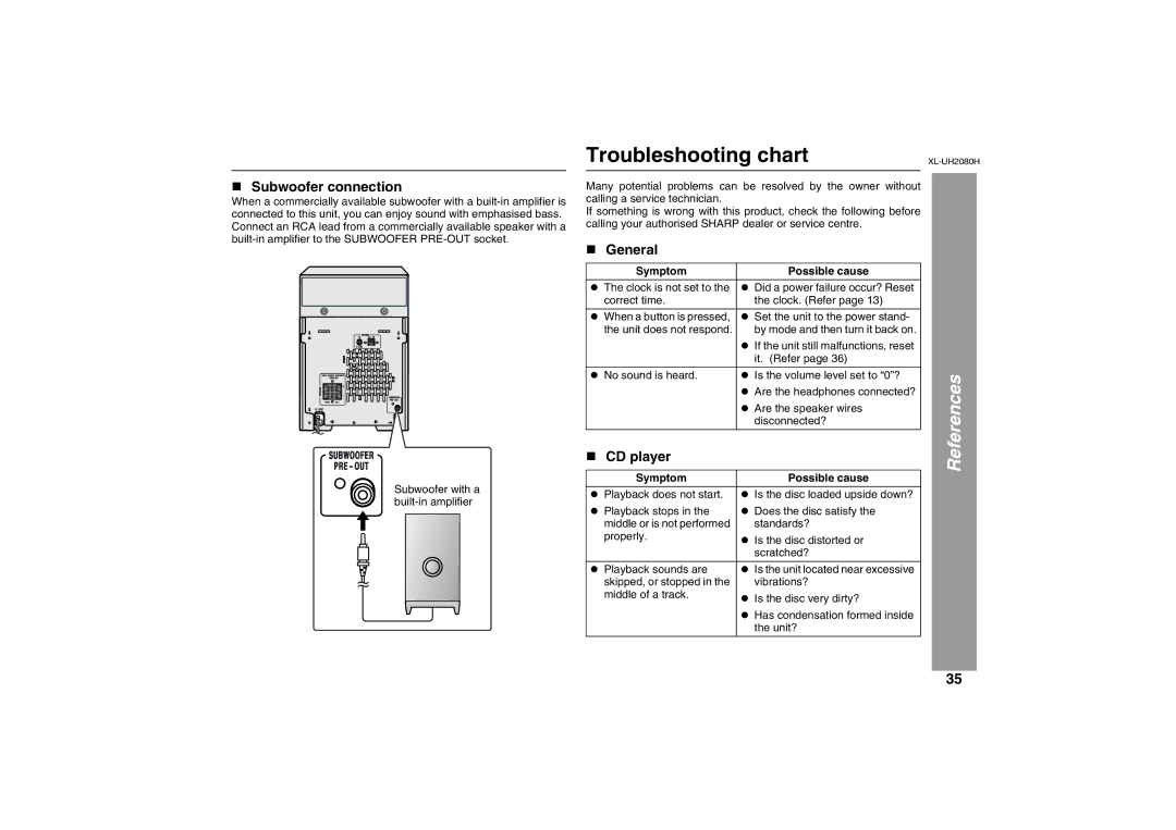 Sharp XL-UH2080H operation manual Troubleshooting chart, „ Subwoofer connection, „ CD player, Symptom Possible cause 