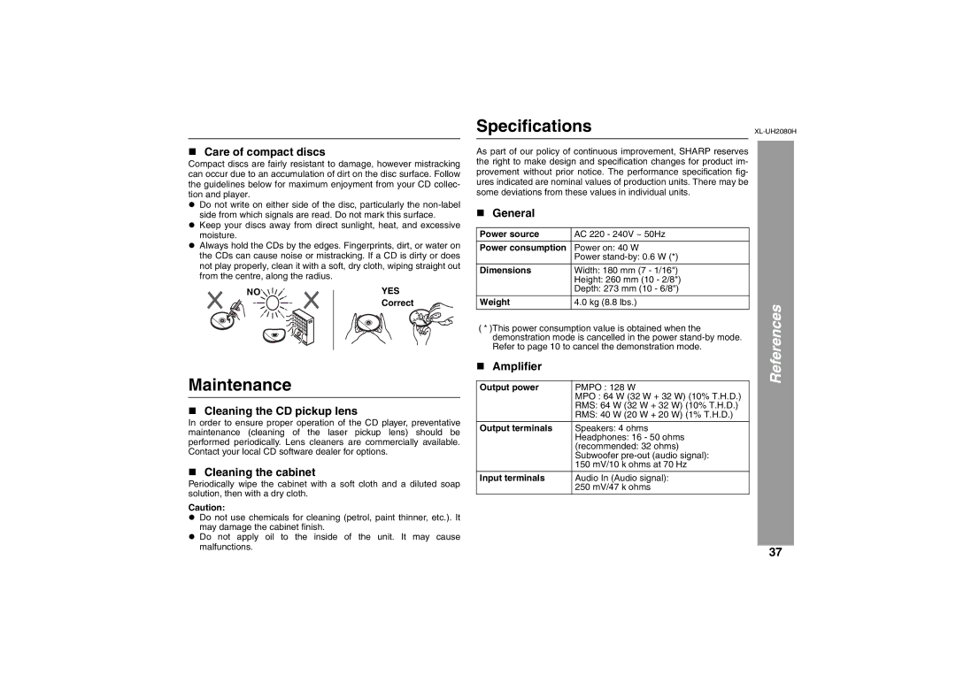 Sharp XL-UH2080H operation manual Maintenance, Specifications 