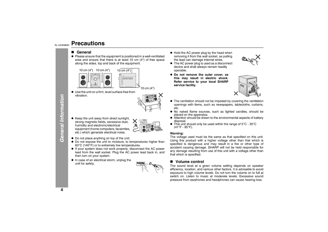 Sharp XL-UH2080H operation manual „ General, „ Volume control 