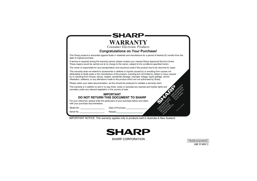 Sharp XL-UH2080H operation manual Warranty 