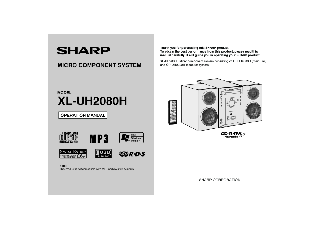 Sharp XL-UH2080H operation manual Micro Component System, Operation Manual, Model, Sharp Corporation 