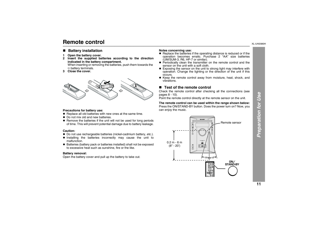 Sharp XL-UH2080H operation manual Remote control, „ Battery installation, „ Test of the remote control, Preparation for Use 