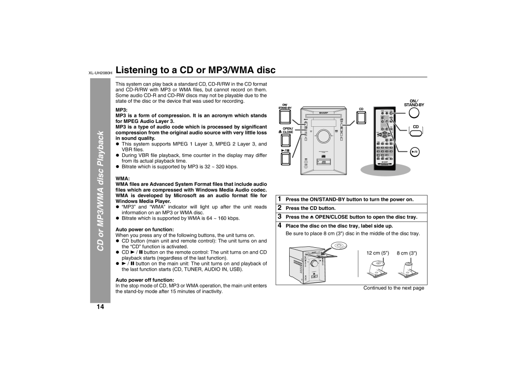 Sharp operation manual XL-UH2080H Listening to a CD or MP3/WMA disc, CD or MP3/WMA disc Playback, Auto power on function 