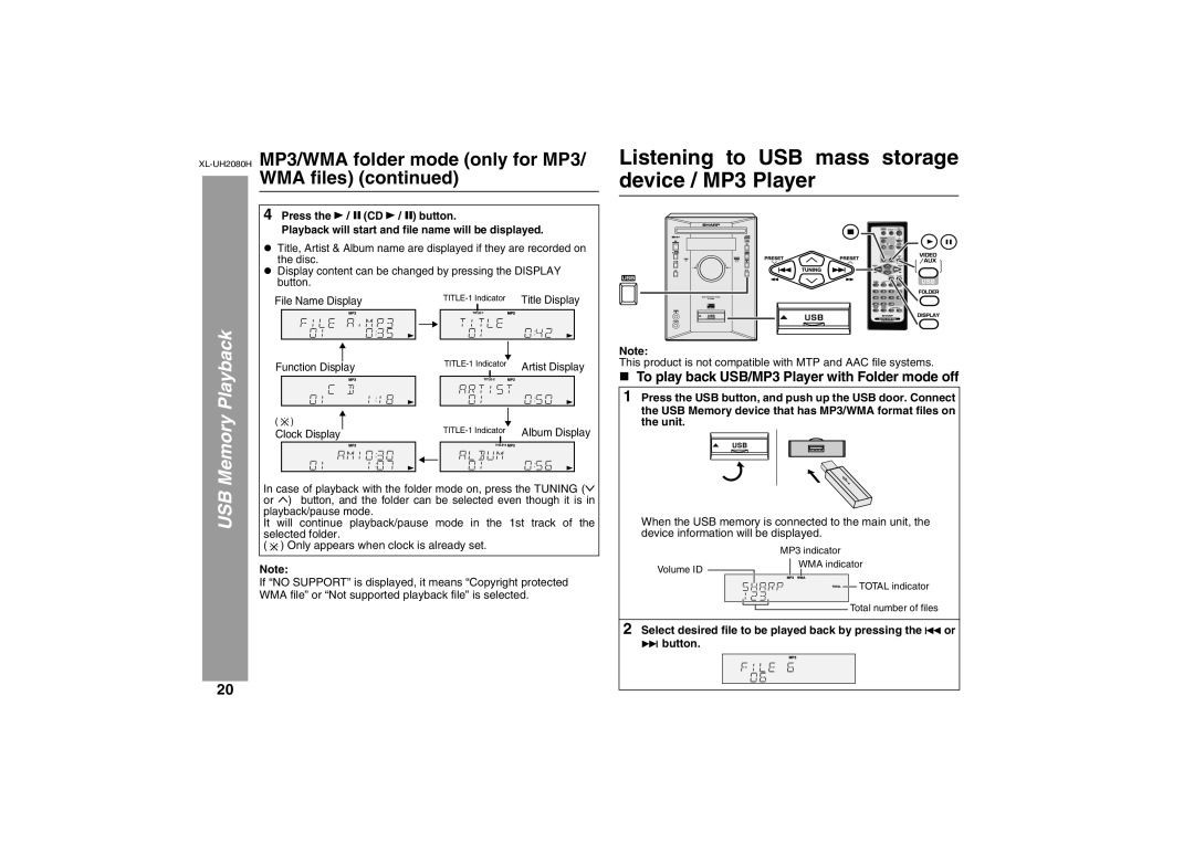 Sharp XL-UH2080H operation manual Listening to USB mass storage device / MP3 Player, USB Memory Playback 