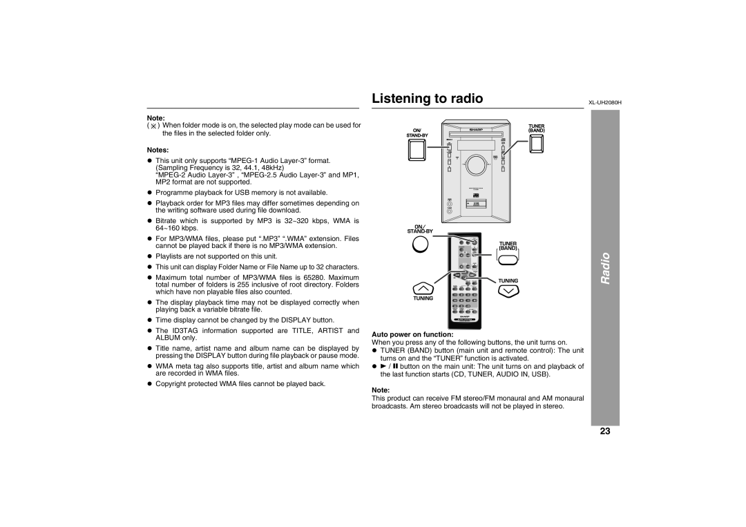 Sharp XL-UH2080H operation manual Listening to radio, Radio, Auto power on function 