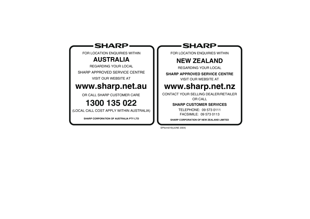 Sharp XL-UH2080H operation manual Sharp Approved Service Centre, Sharp Customer Services, 1300 135, Australia, New Zealand 