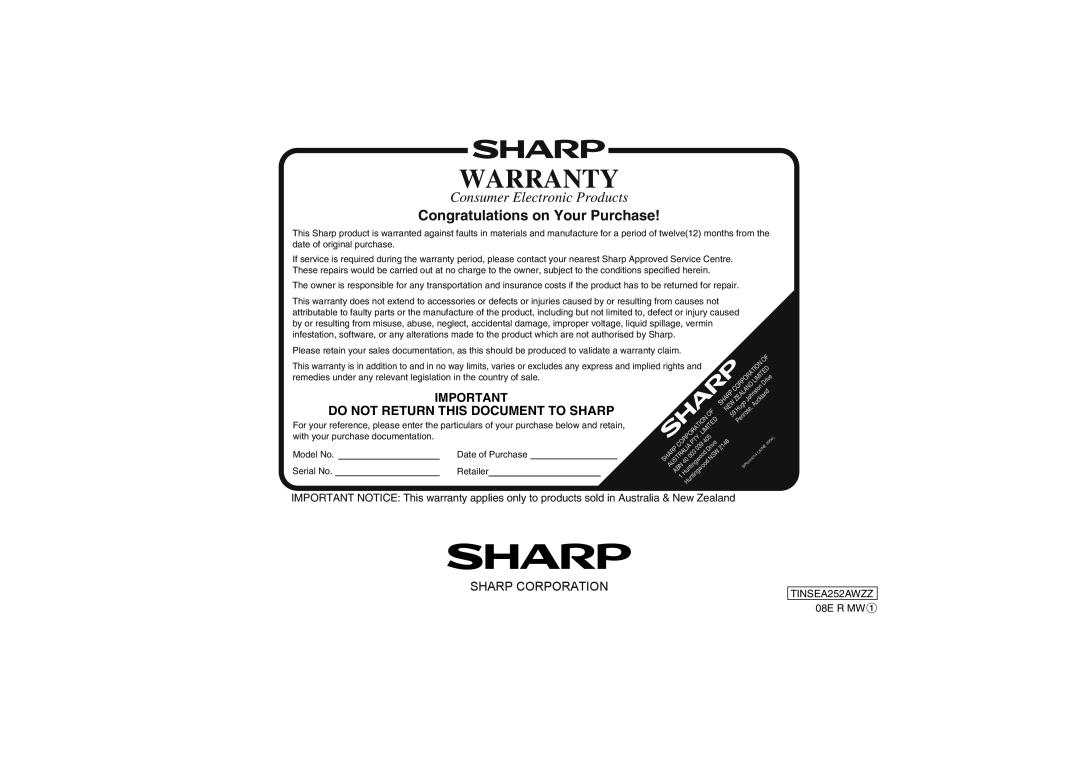 Sharp XL-UH2080H Congratulations on Your Purchase, Do Not Return This Document To Sharp, Warranty, Sharp Corporation 
