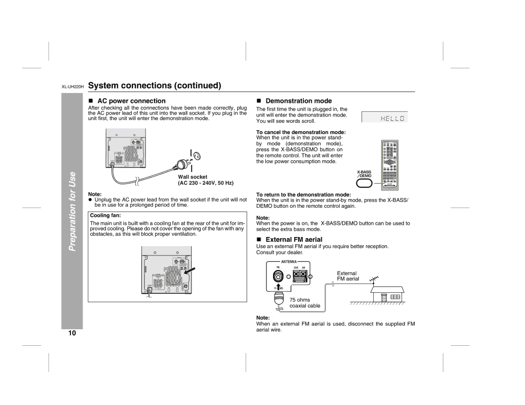 Sharp XL-UH220H operation manual For, AC power connection, Demonstration mode, External FM aerial 