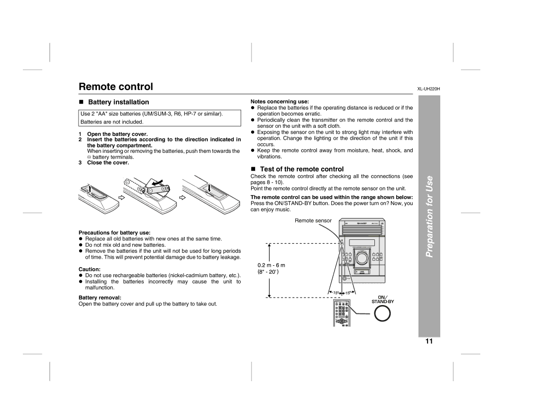 Sharp XL-UH220H operation manual Remote control, Battery installation, Test of the remote control, Battery removal 