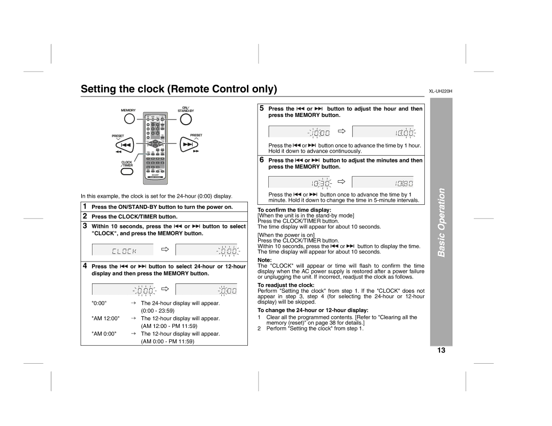 Sharp XL-UH220H operation manual Setting the clock Remote Control only, To conﬁrm the time display, To readjust the clock 