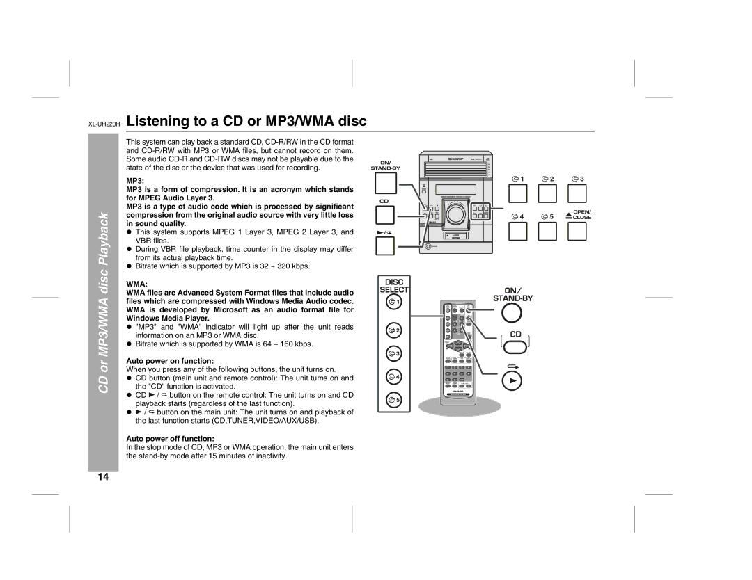 Sharp operation manual XL-UH220HListening to a CD or MP3/WMA disc, CD or MP3/WMA disc Playback, Auto power on function 