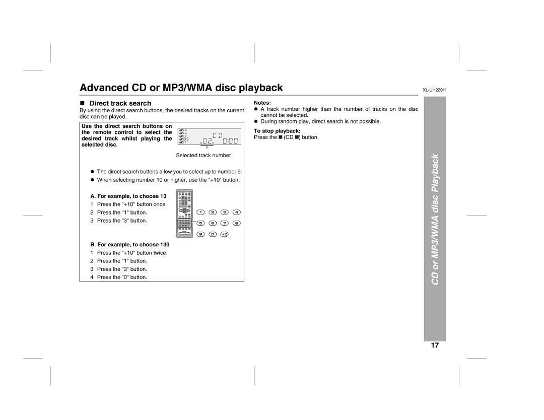 Sharp XL-UH220H Advanced CD or MP3/WMA disc playback, Direct track search, For example, to choose, To stop playback 