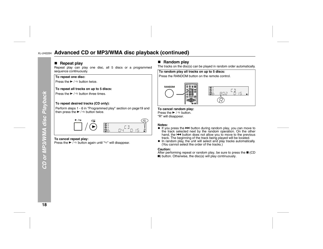 Sharp XL-UH220H operation manual Repeat play, Random play 