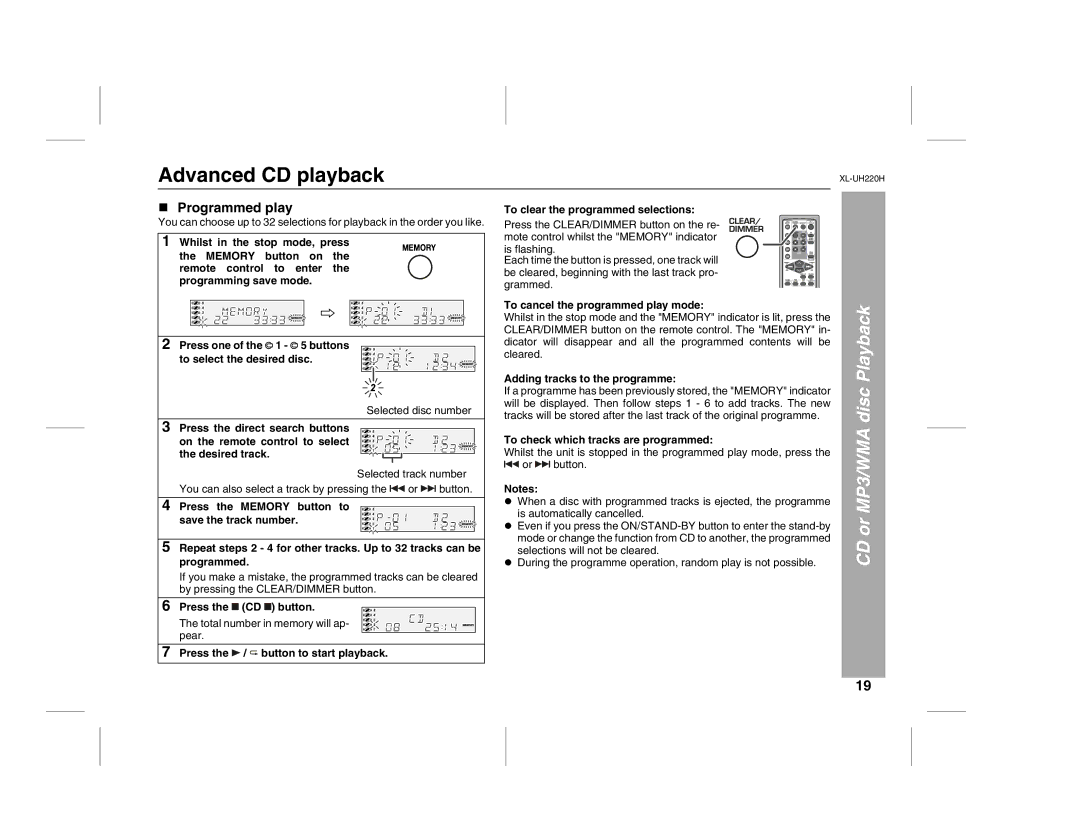 Sharp XL-UH220H Advanced CD playback, Programmed play, To cancel the programmed play mode, Adding tracks to the programme 