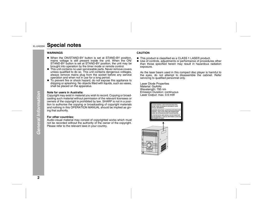 Sharp XL-UH220H operation manual Special notes, General Information, For other countries 