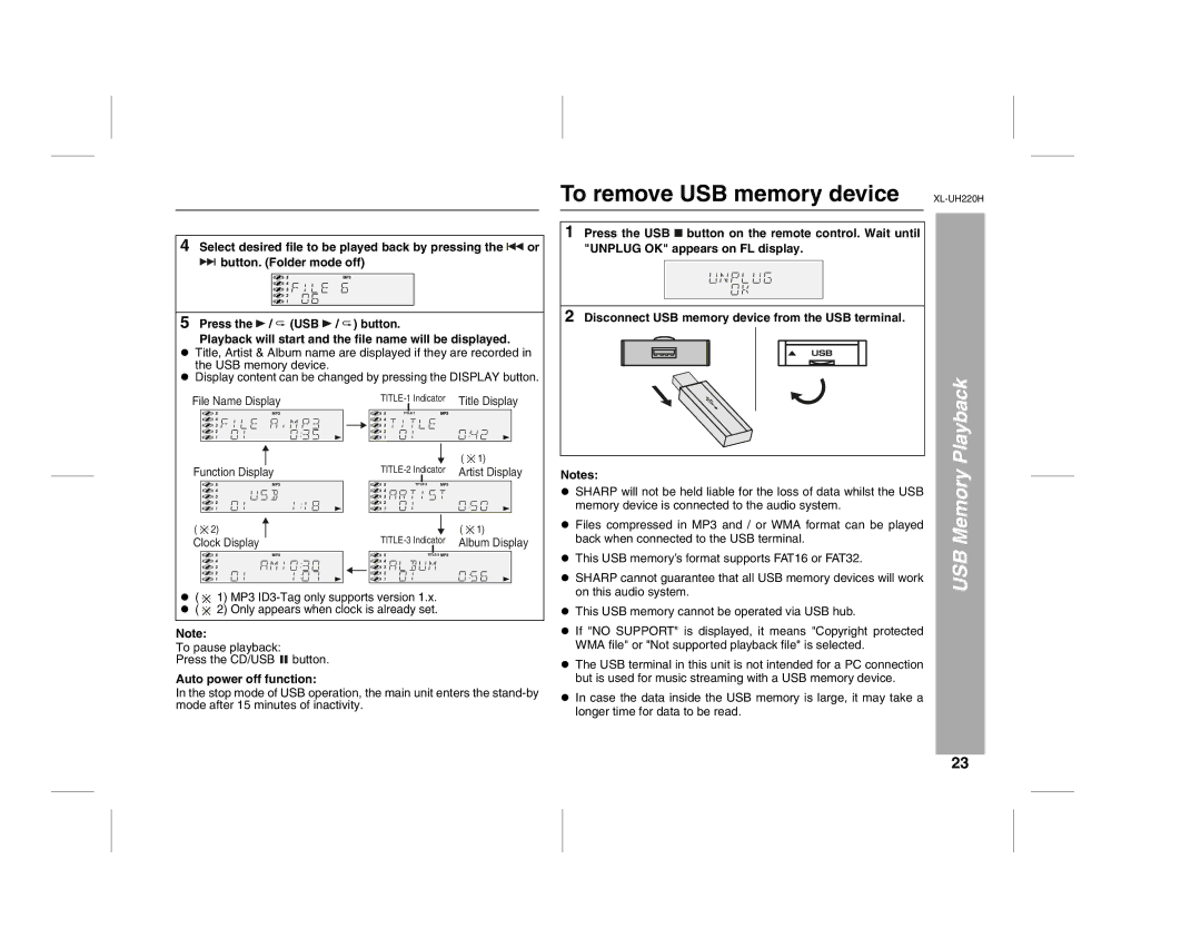 Sharp XL-UH220H operation manual To remove USB memory device, Auto power off function 