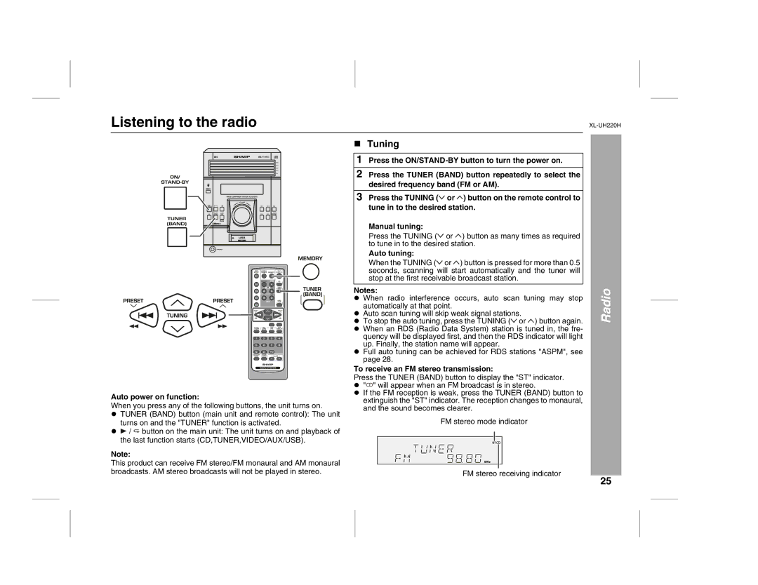 Sharp XL-UH220H operation manual Listening to the radio, Radio, Tuning, Auto tuning, To receive an FM stereo transmission 