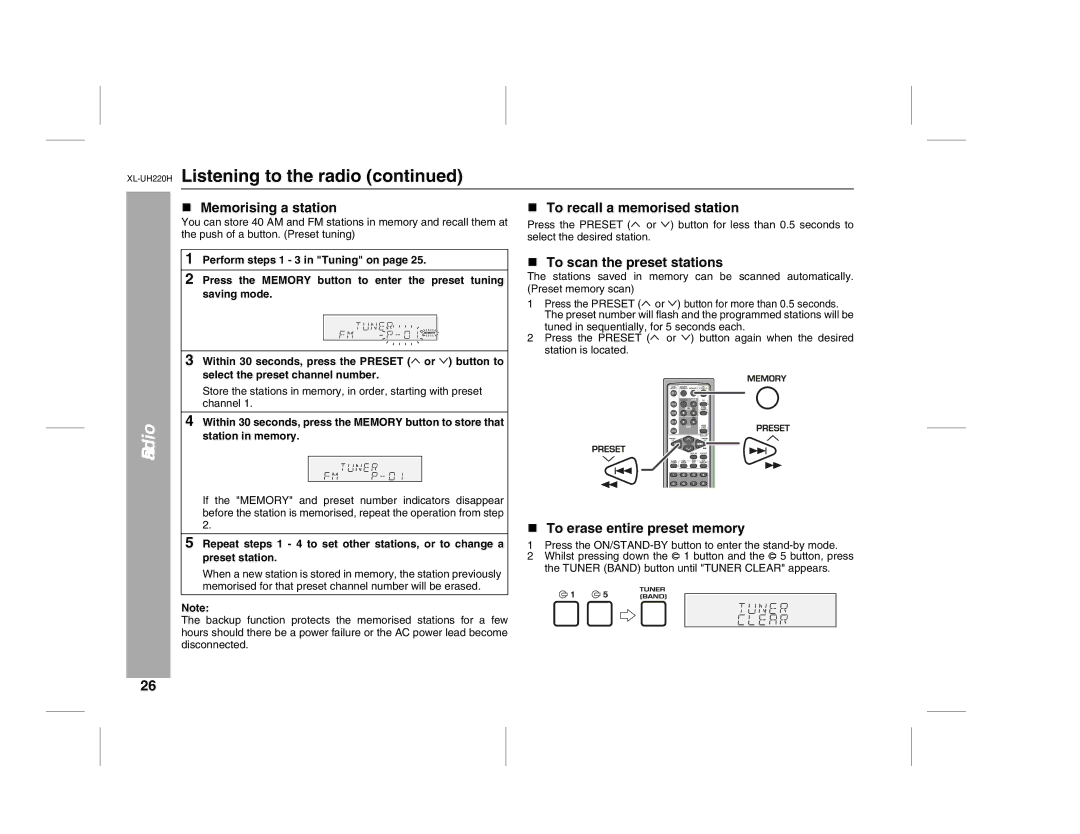 Sharp XL-UH220H operation manual Memorising a station, To recall a memorised station, To scan the preset stations 