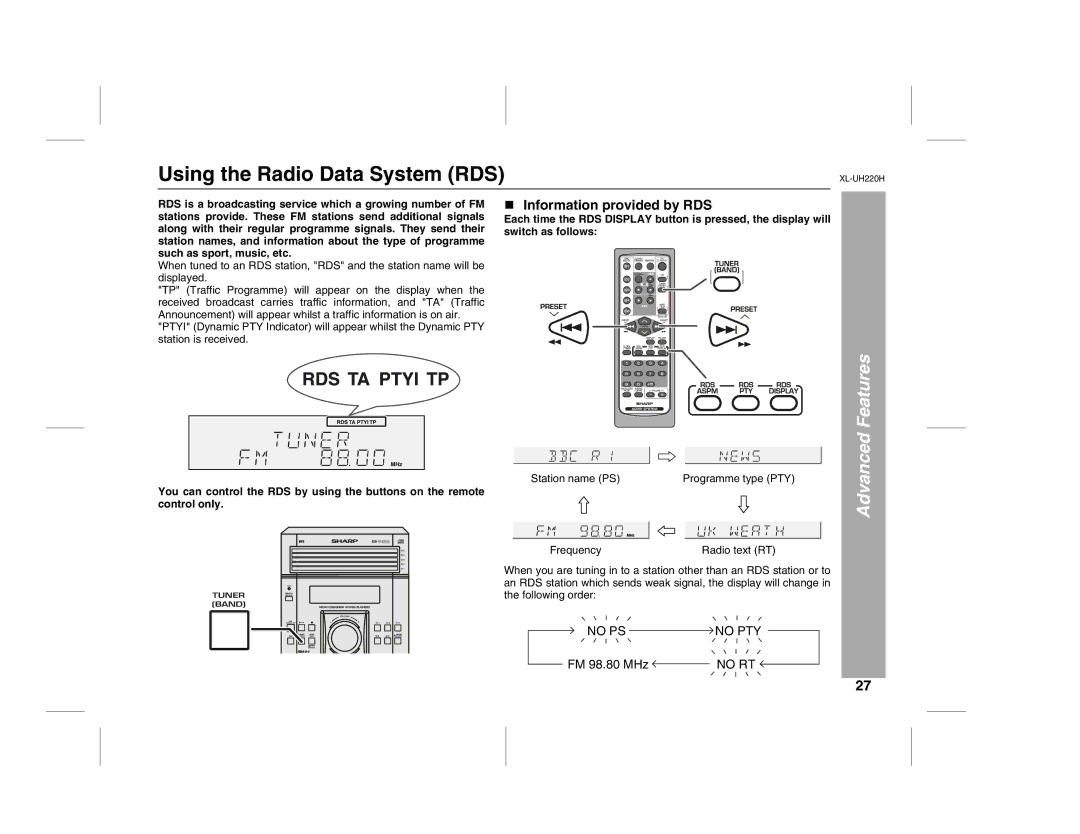 Sharp XL-UH220H operation manual Using the Radio Data System RDS, Advanced Features, Information provided by RDS 