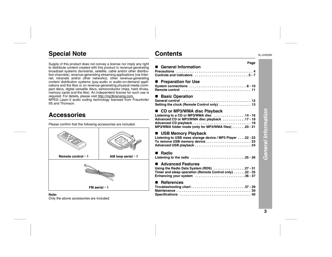 Sharp XL-UH220H operation manual Special Note Contents, Accessories 