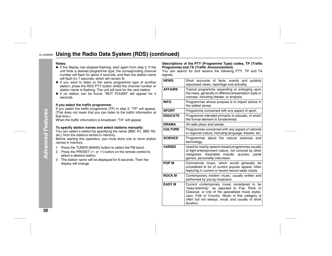 Sharp XL-UH220H operation manual If you select the traffic programme, To specify station names and select stations manually 