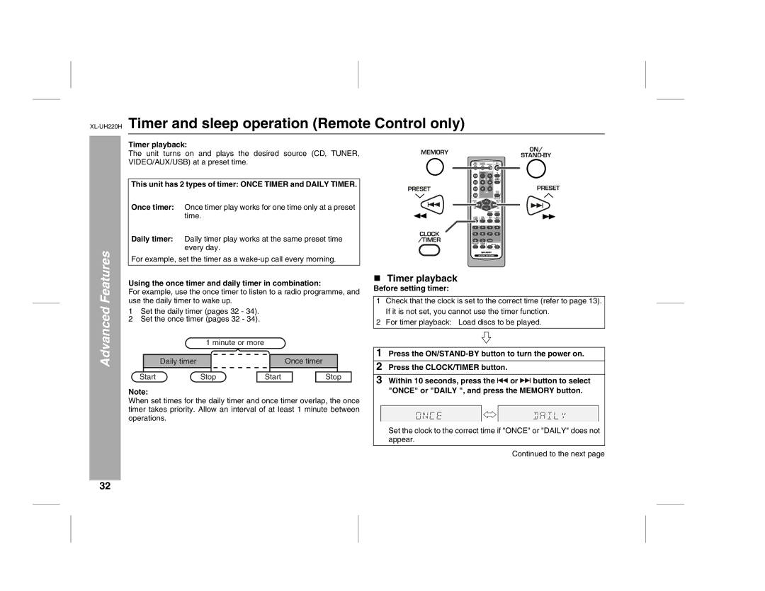 Sharp XL-UH220H operation manual Timer and sleep operation Remote Control only, Timer playback 