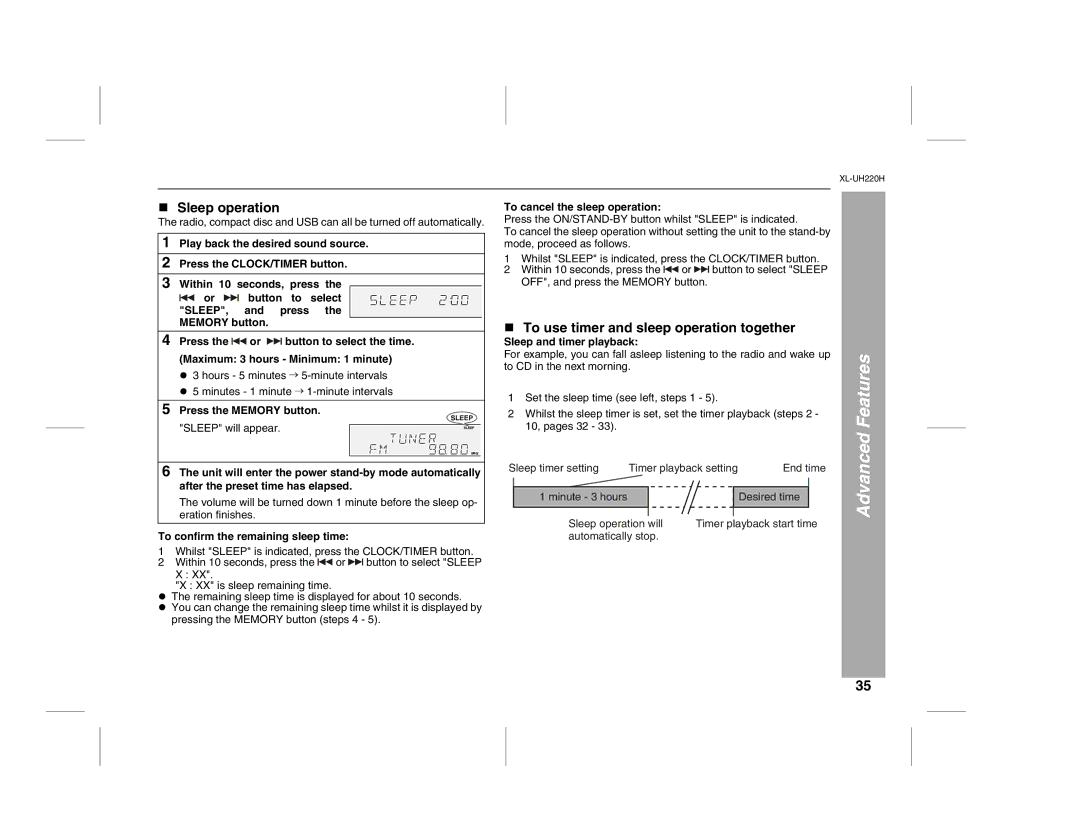 Sharp XL-UH220H operation manual Sleep operation, To confirm the remaining sleep time, To cancel the sleep operation 