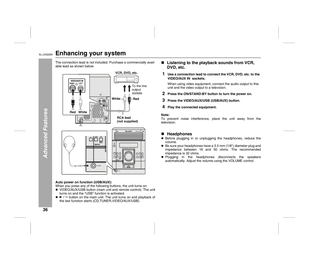 Sharp operation manual XL-UH220HEnhancing your system, Listening to the playback sounds from VCR, DVD, etc, Headphones 