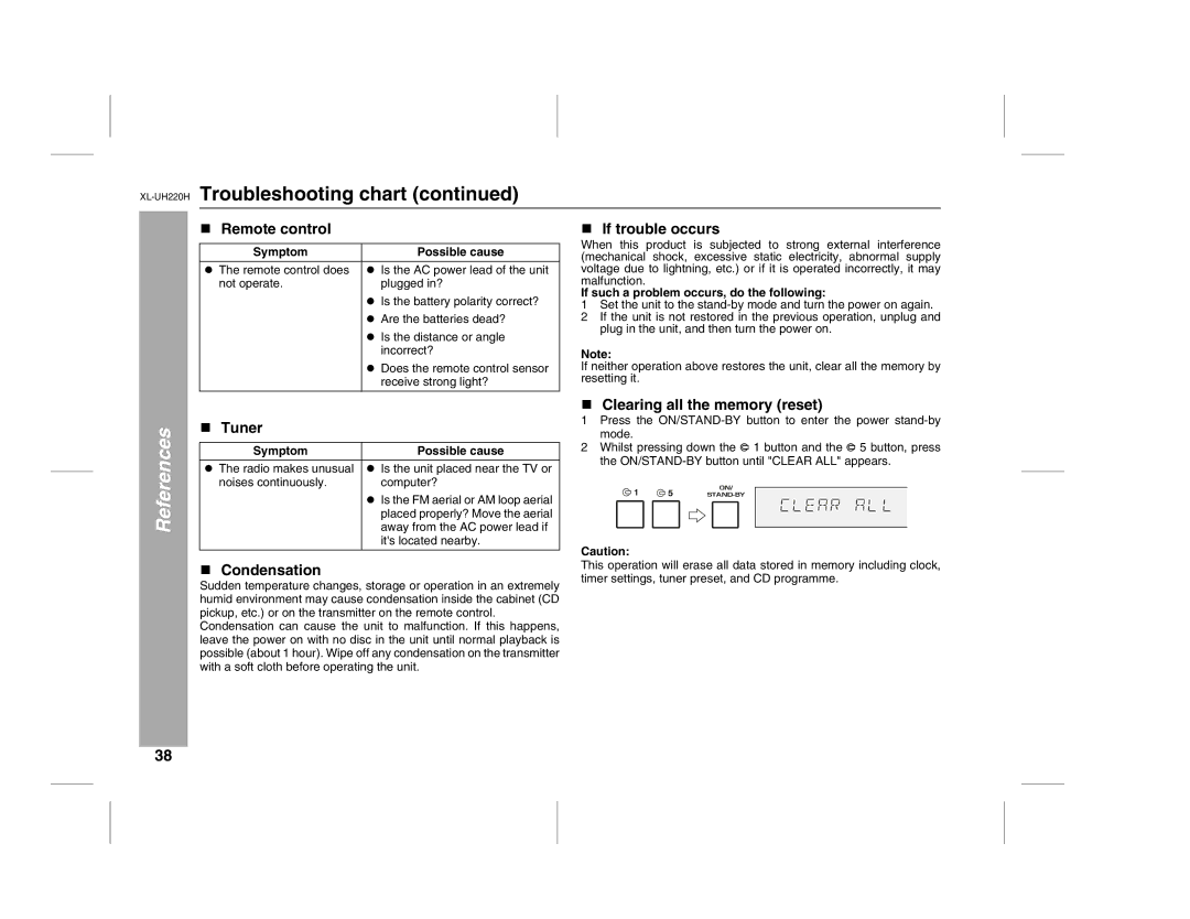 Sharp XL-UH220H operation manual Tuner, Condensation, If trouble occurs, Clearing all the memory reset 