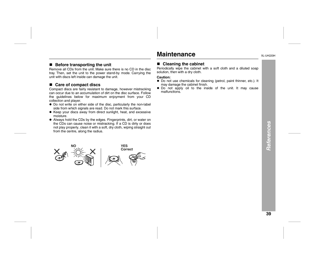 Sharp XL-UH220H operation manual Maintenance, Before transporting the unit, Care of compact discs, Cleaning the cabinet 