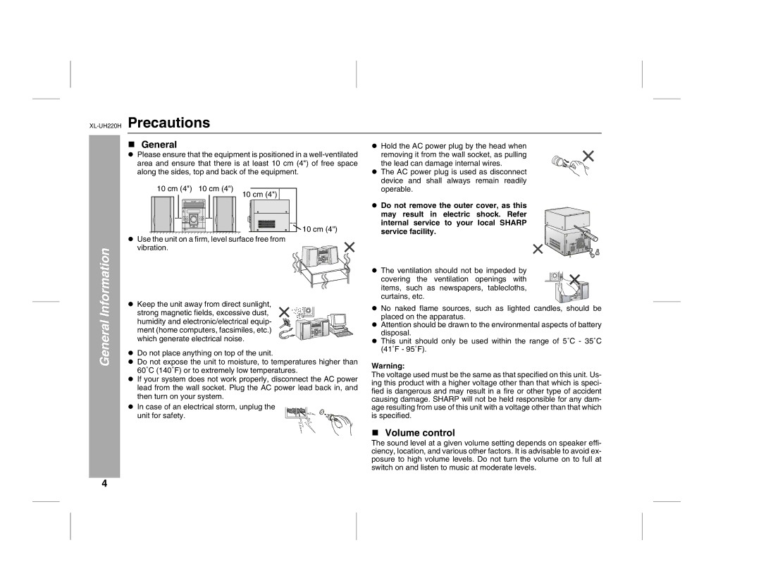 Sharp operation manual XL-UH220HPrecautions, General, Volume control 