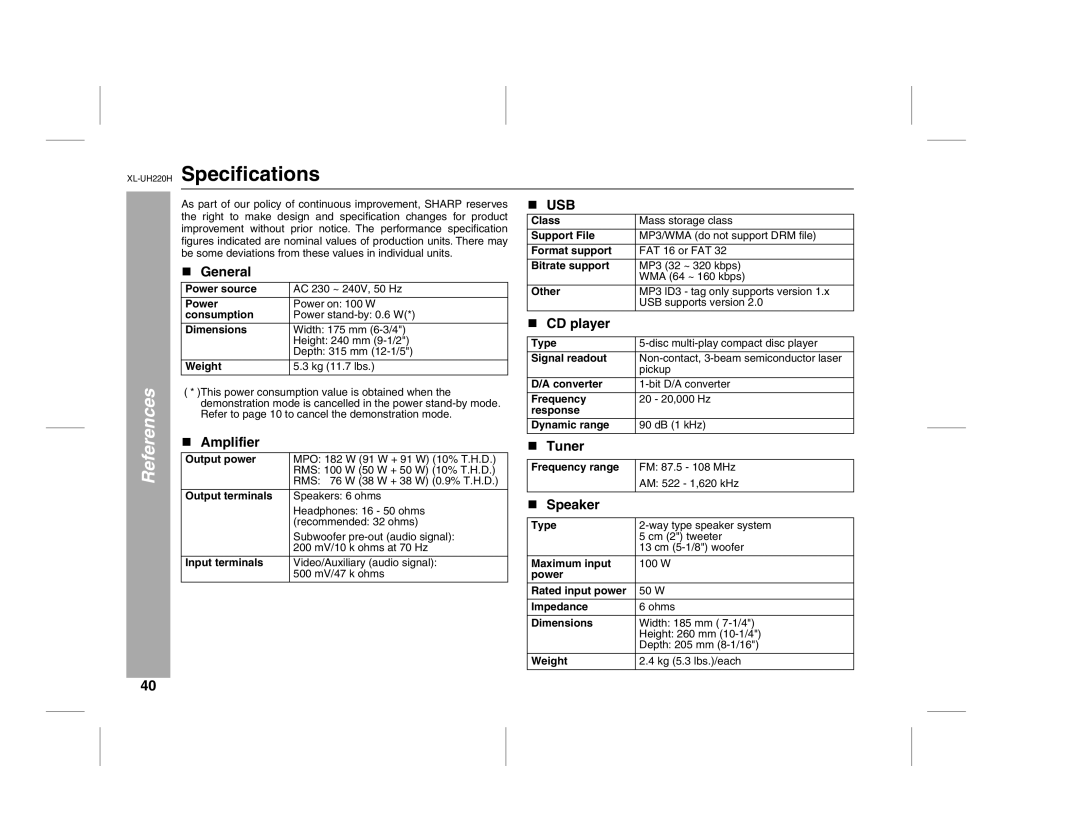 Sharp XL-UH220H operation manual Specifications, Amplifier, Speaker 