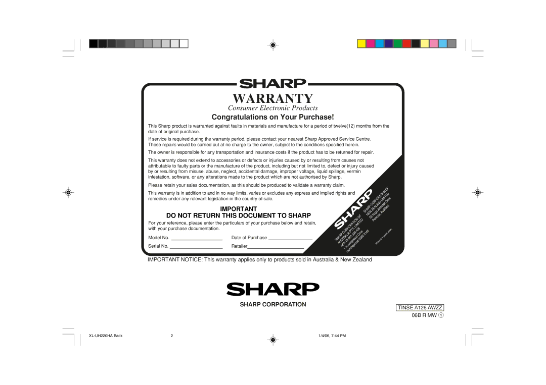 Sharp XL-UH220H operation manual Warranty 